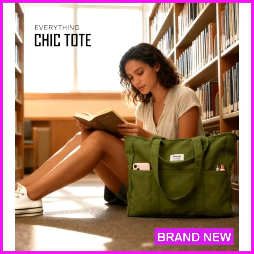 Extra Large Canvas Tote Bag with Zipper, Multiple Pockets, Laptop Sleeve - Picture 2 of 7